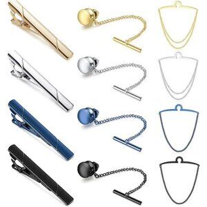 Men's Tie Clips Set with Chains Gold Silver Black Blue Formal Wedding Gift